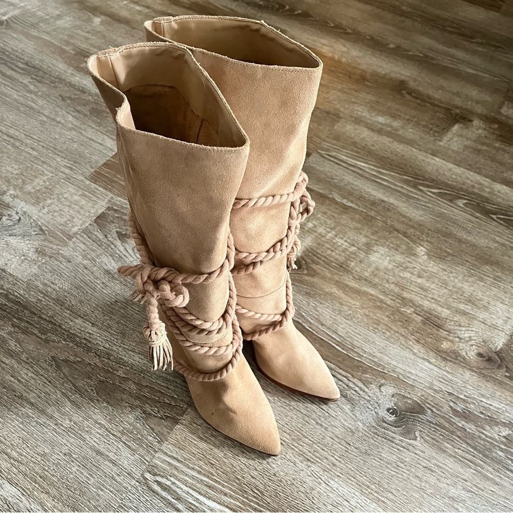 SCHUTZ Women 7.5 Nataly Cow Suede Honeycomb Rope Suede Boots Anthropology Brazil - Picture 2 of 9